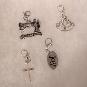 Silver Sewing Machine, Lotus, Cross & Joy Charms - Silver Tone